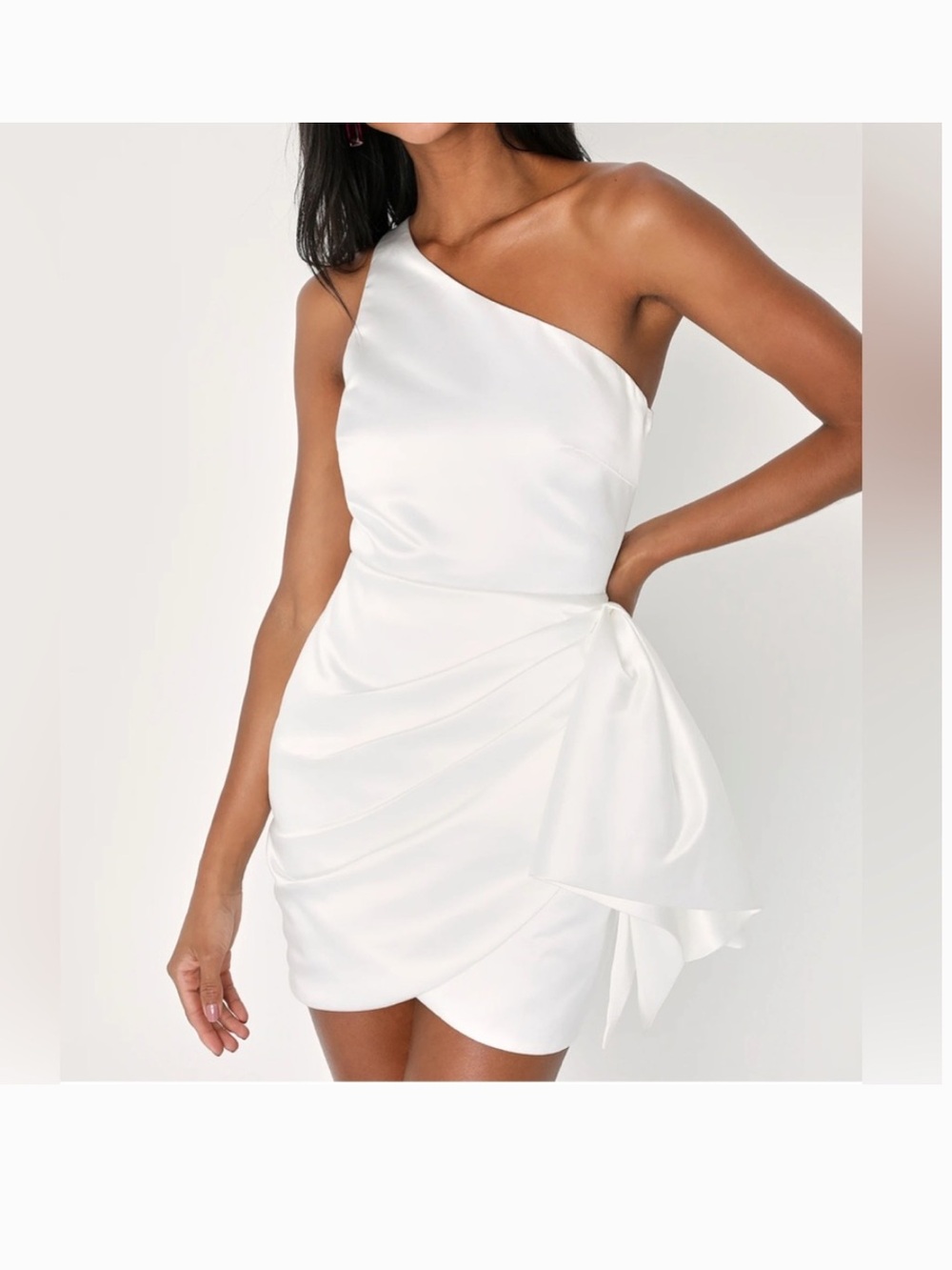 Lulu's Ivory One-Shoulder Satin Mini Dress with Side Bow